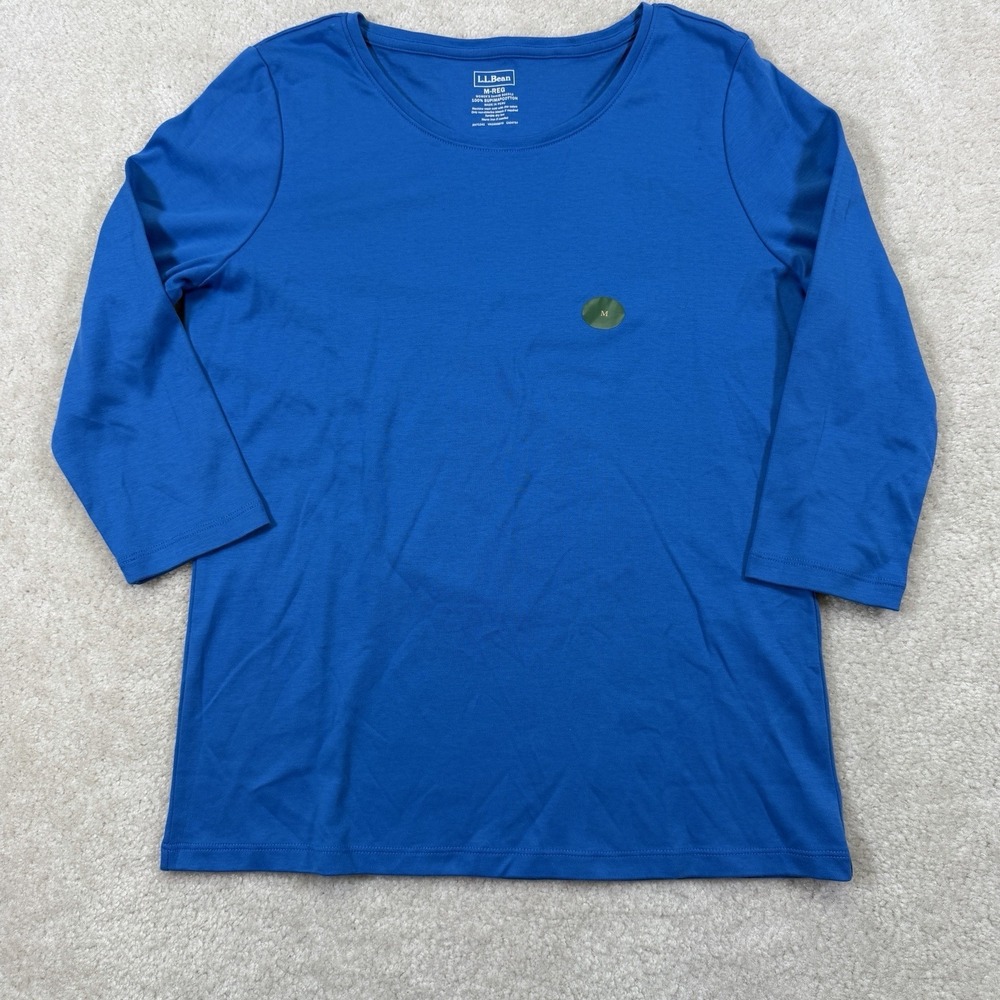 NWOT LL Bean Pima Cotton Shaped Tee Womens M Blue 3/4 Sleeve Jewelneck - Picture 8 of 8